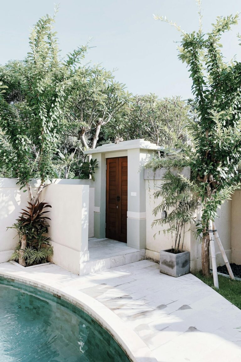 A serene backyard featuring a wooden door, lush greenery, and a swimming pool under a clear sky.